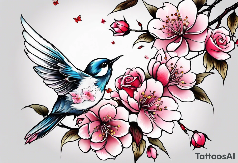 Japanese cherry blossom with birds, butterflies and rose tattoo idea