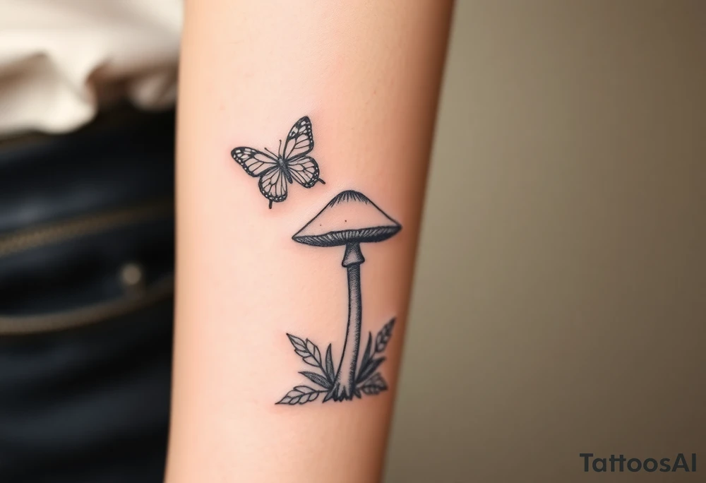 mushroom with 2 butterflies above it on your lower inner arm tattoo idea