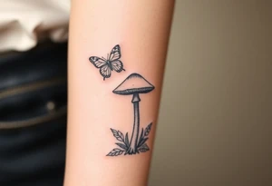 mushroom with 2 butterflies above it on your lower inner arm tattoo idea