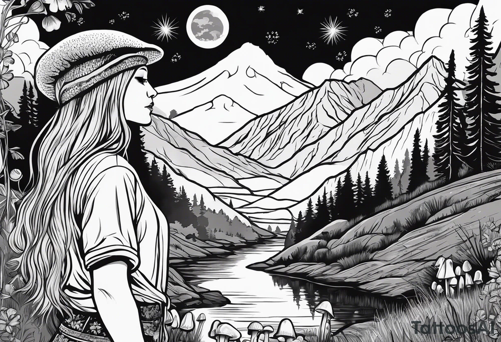 Whole picture encircled fully

Straight long blonde hair hippie girl in distance holding mushrooms in hand facing away toward mountains and creek surrounded by mushrooms long sleeve shirt and hiking pants; whole rendering within a full circle, no cut off circle tattoo idea