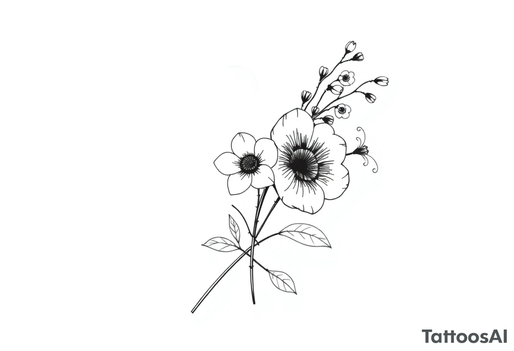 very simple Black and white tattoo with a bouquet from one stem featuring poppy flower, lily of the valley, daffodil, water lily, daisy, with less lines and detail tattoo idea