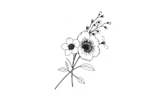 very simple Black and white tattoo with a bouquet from one stem featuring poppy flower, lily of the valley, daffodil, water lily, daisy, with less lines and detail tattoo idea