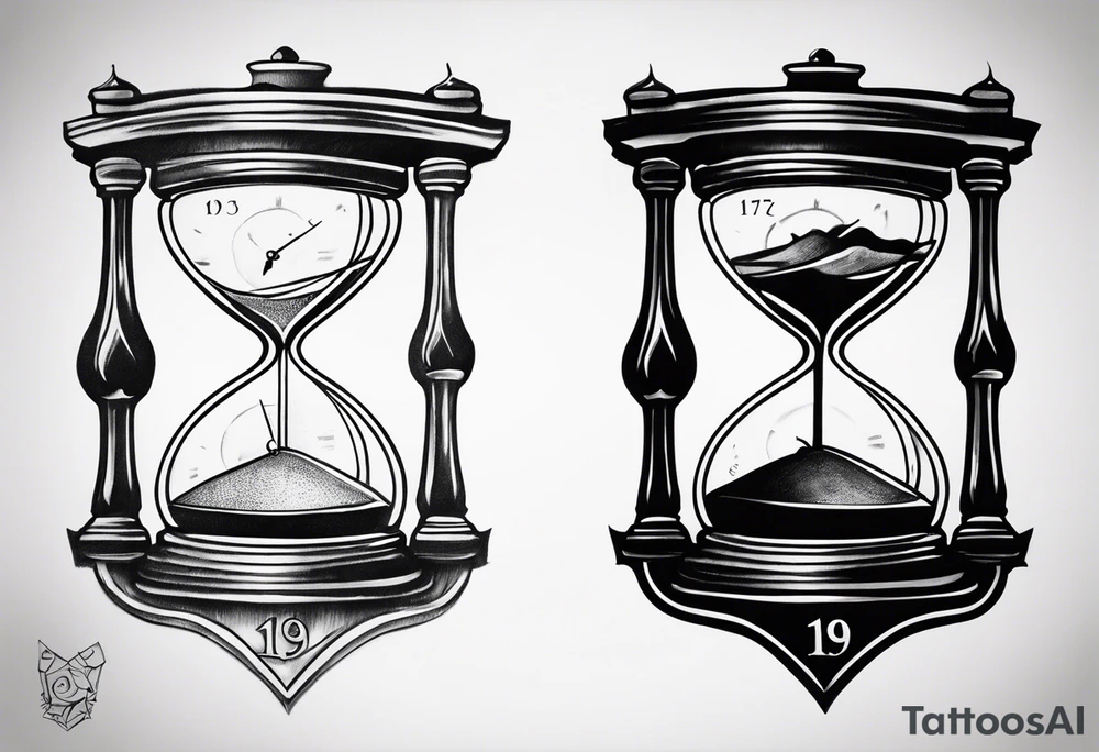 a tattoo mixing a clock integrated with an hourglass an hourglass in black and white where the year 1979 appears on the amount of the hourglass. for the shoulder and forearm tattoo idea