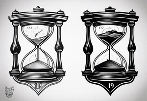 a tattoo mixing a clock integrated with an hourglass an hourglass in black and white where the year 1979 appears on the amount of the hourglass. for the shoulder and forearm tattoo idea