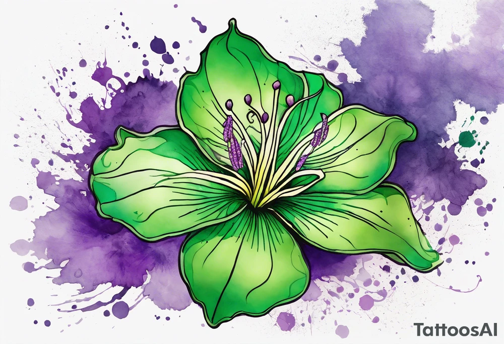 An outline of a green rio dipladenia flower and a green/purple watercolor splatter in the background tattoo idea