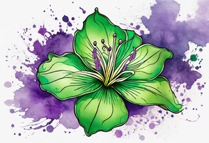 An outline of a green rio dipladenia flower and a green/purple watercolor splatter in the background tattoo idea