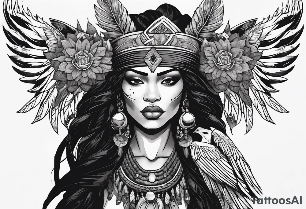 valkrye, kali, pirate, african goddess, , warrior, native american, lotus, zen, skulls, pachamama, left side face, chest, wing, tattoo idea