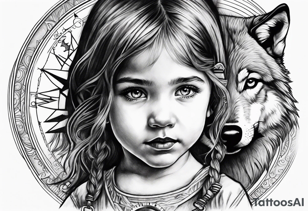 Toddler girl with wolf face and compass tattoo idea