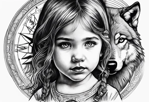 Toddler girl with wolf face and compass tattoo idea