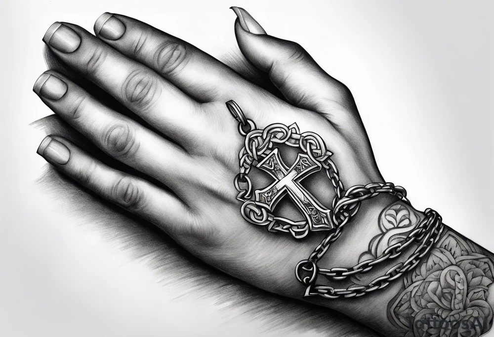 praying hands with chain cross tattoo idea