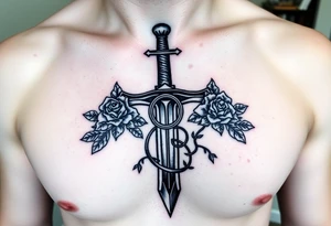 A gothic cross with a sword tip on the bottom going through an infinity sign and has roses and vines growing around tattoo idea
