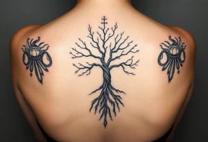 mystical tree of life with cosmic roots and celestial branches tattoo idea