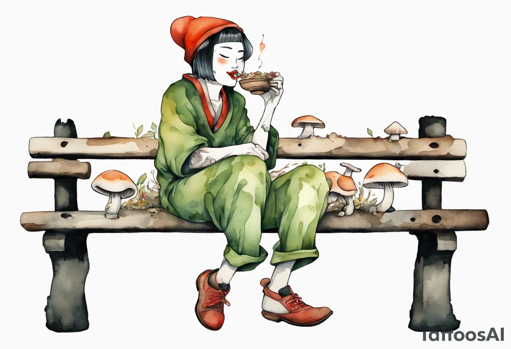 a person made out of mushrooms and moss sitting on a bench by a fireplace drinking from a wood cup, laughing tattoo idea