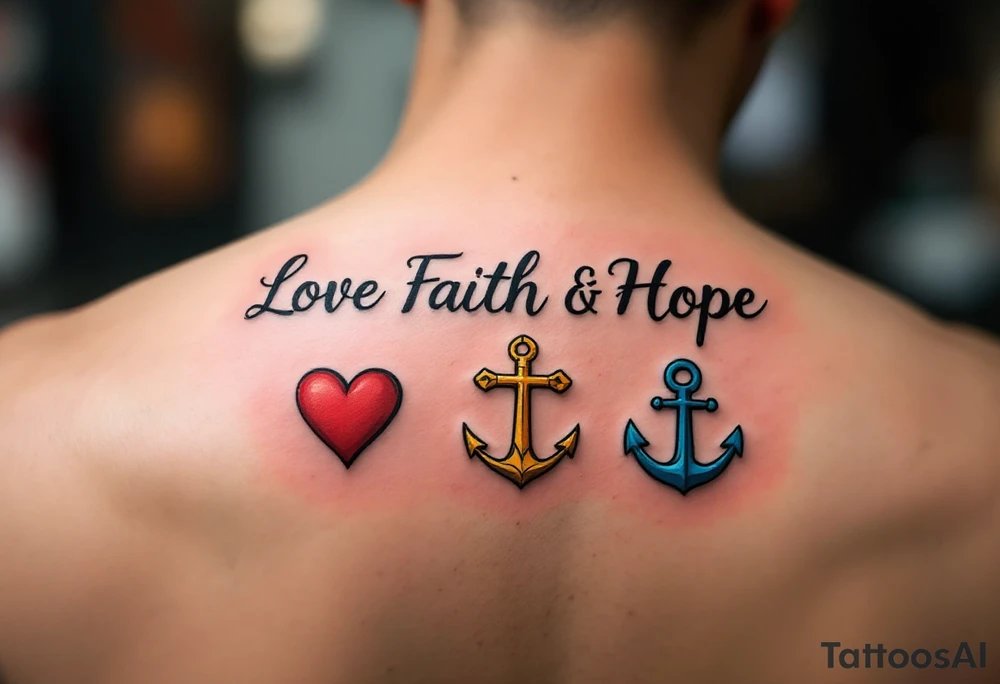 Fine-line black cursive love faith hope sitting above three matching symbols: a crimson heart, golden cross, and deep blue anchor. tattoo idea
