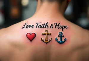 Fine-line black cursive love faith hope sitting above three matching symbols: a crimson heart, golden cross, and deep blue anchor. tattoo idea