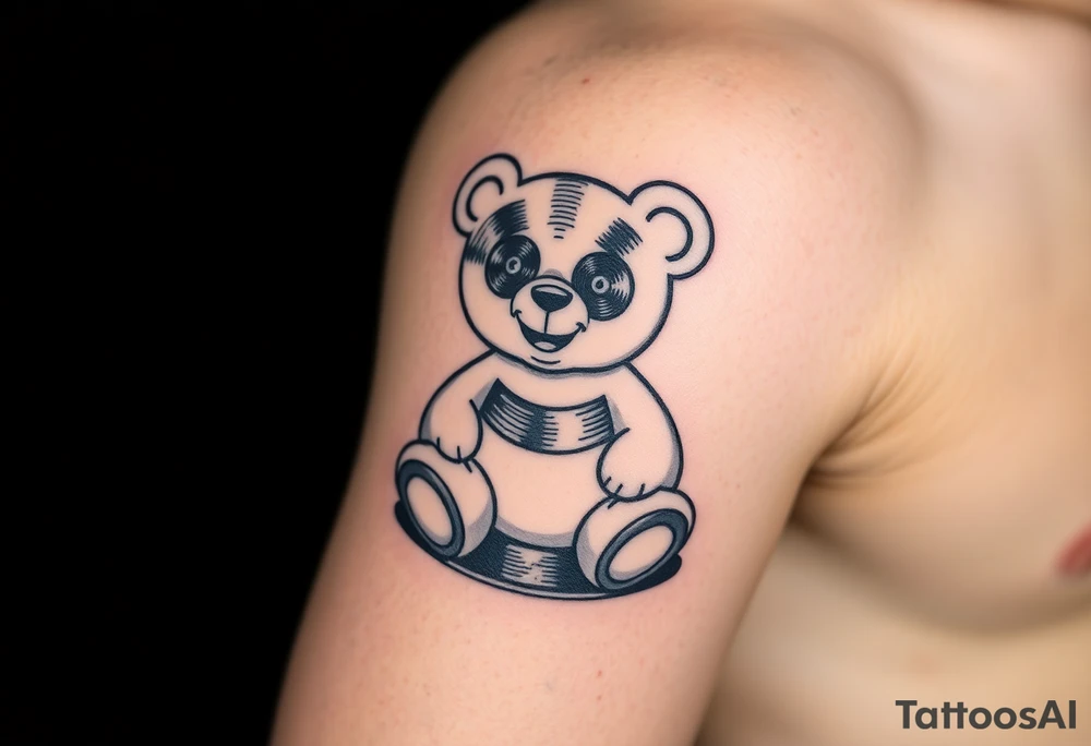 minimalist teddy bear with vinyl records as eyes smiling and sitting on a record tattoo idea