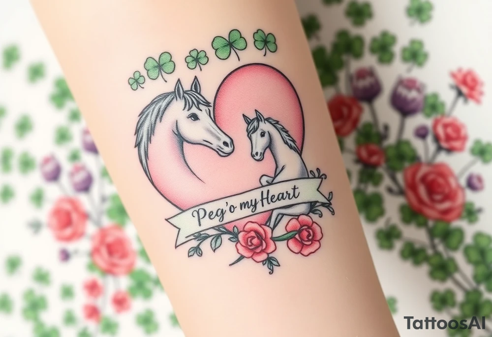 a big pale pink heart and a mare and a colt in a huge patch of green shamrocks, and purple thistles, and red roses with a banner across the heart that says Peg 'o My Heart tattoo idea