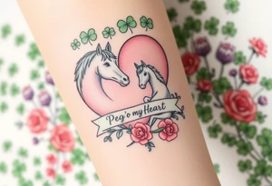 a big pale pink heart and a mare and a colt in a huge patch of green shamrocks, and purple thistles, and red roses with a banner across the heart that says Peg 'o My Heart tattoo idea