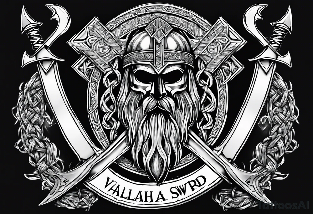 Valhalla sword shield  axe Valknut barbed wire chains tattoo idea