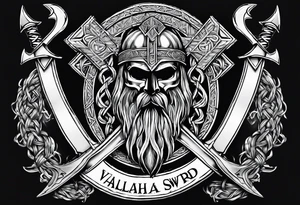 Valhalla sword shield  axe Valknut barbed wire chains tattoo idea