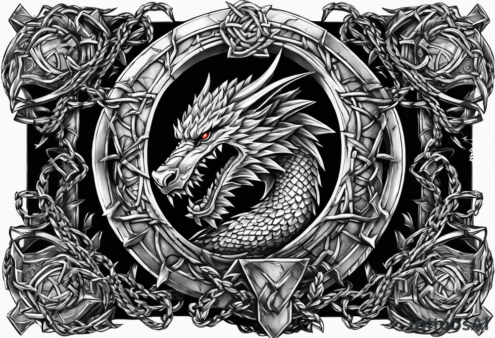 Valhalla sword shield dragon axe Valknut barbed wire chains tattoo idea