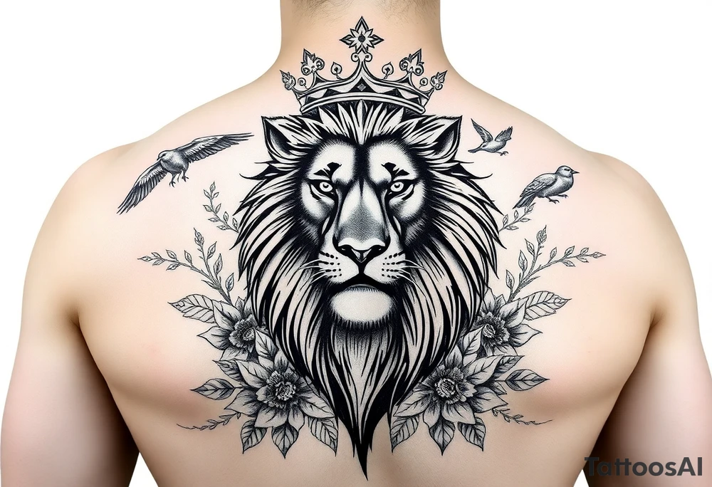 powerful majestic lion with a crown, surrounded by floral ornaments and birds tattoo idea