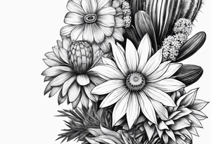 Forearm sleeve with cactus, daisies, and greenery tattoo idea