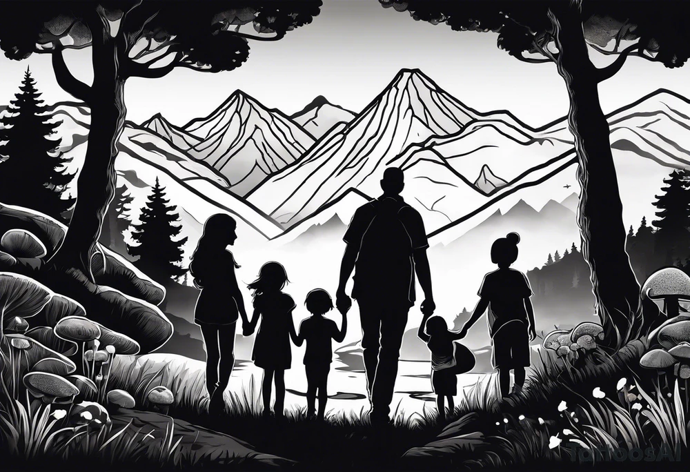 Family silhouette of a father, a mother, oldest son, middle daughter, and small daughter foraging mushrooms with mountains and creek in background tattoo idea