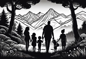 Family silhouette of a father, a mother, oldest son, middle daughter, and small daughter foraging mushrooms with mountains and creek in background tattoo idea