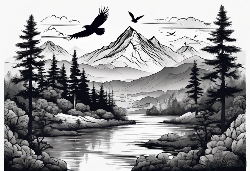 A mountain scape with trees. 5 silhouettes of birds. tattoo idea