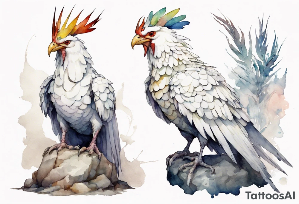 a white Cockatrice wearing a plain iron crown, perched on a stone tattoo idea