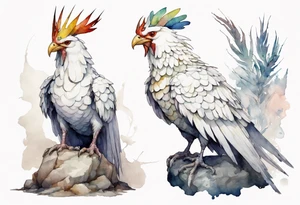 a white Cockatrice wearing a plain iron crown, perched on a stone tattoo idea