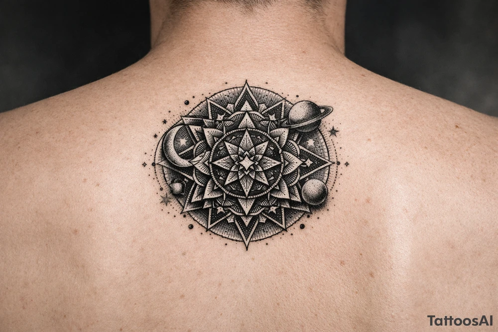 intricate mandala with sacred geometry and cosmic elements tattoo idea