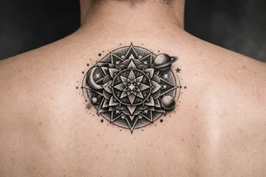 intricate mandala with sacred geometry and cosmic elements tattoo idea