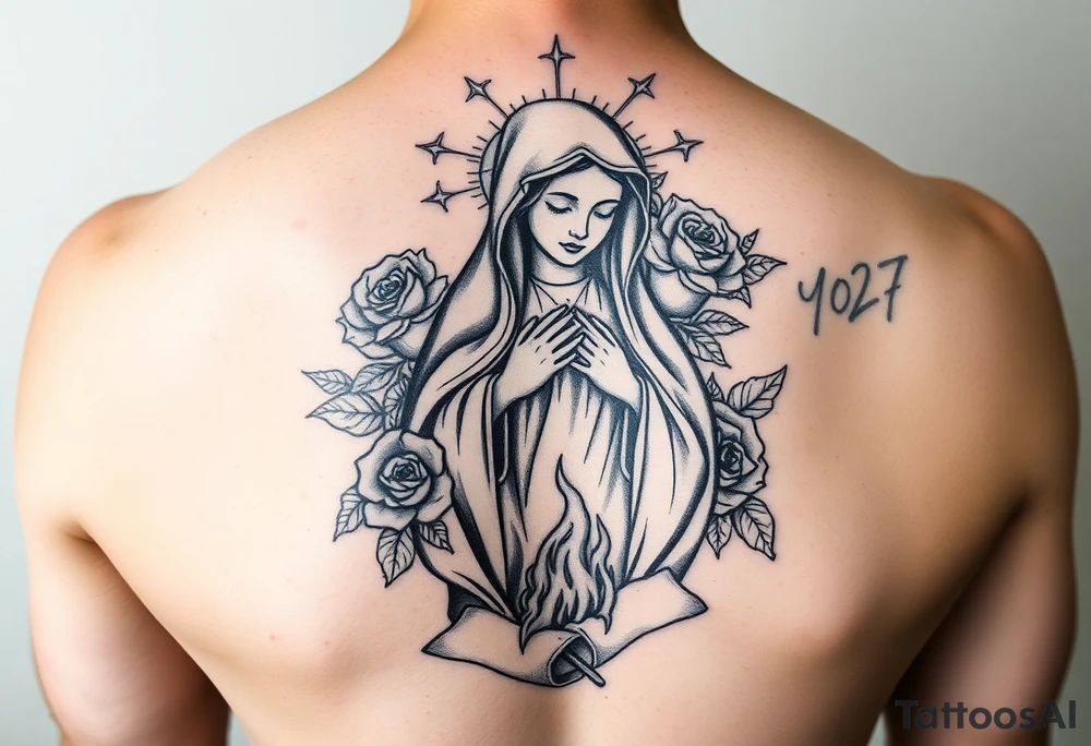 Mother mary with roses around her head, and a burnt up paper under her feet tattoo idea