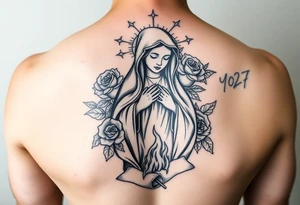 Mother mary with roses around her head, and a burnt up paper under her feet tattoo idea