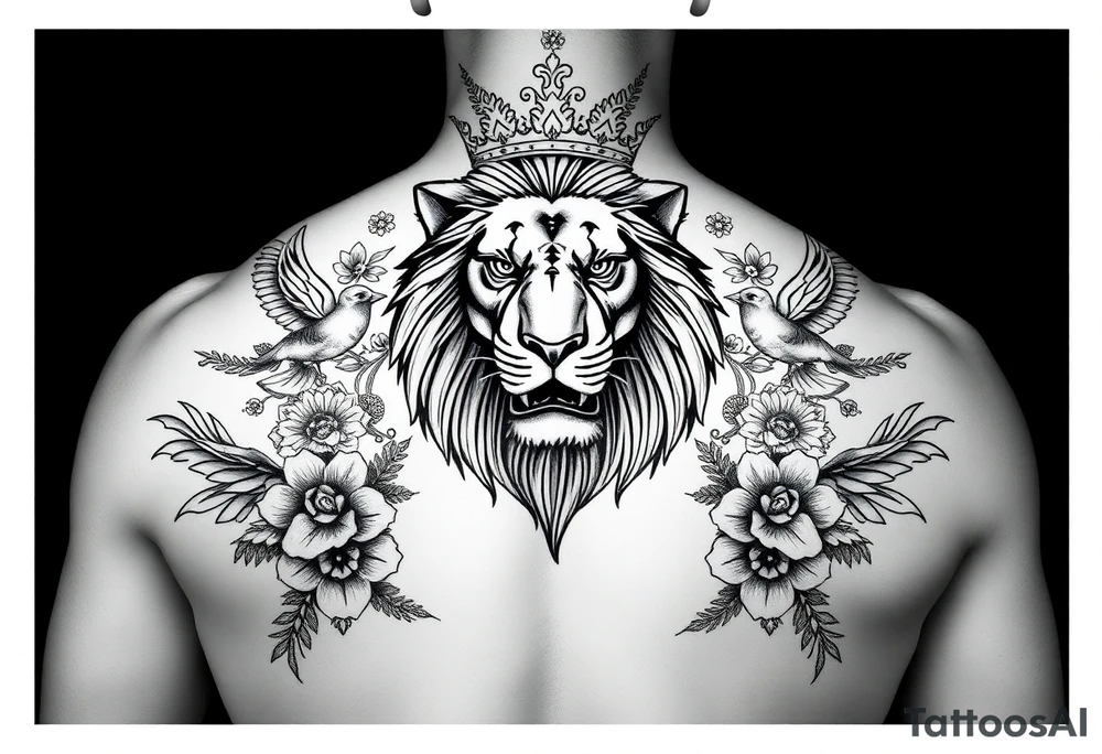 powerful majestic lion with a crown, surrounded by floral ornaments and birds tattoo idea