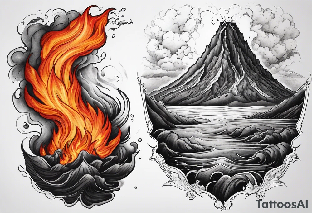 An ultra realistic erupting volcano with two lava flow that flows down the left bicep and across the left pectoral. The flow on the arm will empty into the sea. tattoo idea