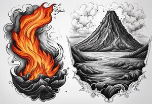 An ultra realistic erupting volcano with two lava flow that flows down the left bicep and across the left pectoral. The flow on the arm will empty into the sea. tattoo idea