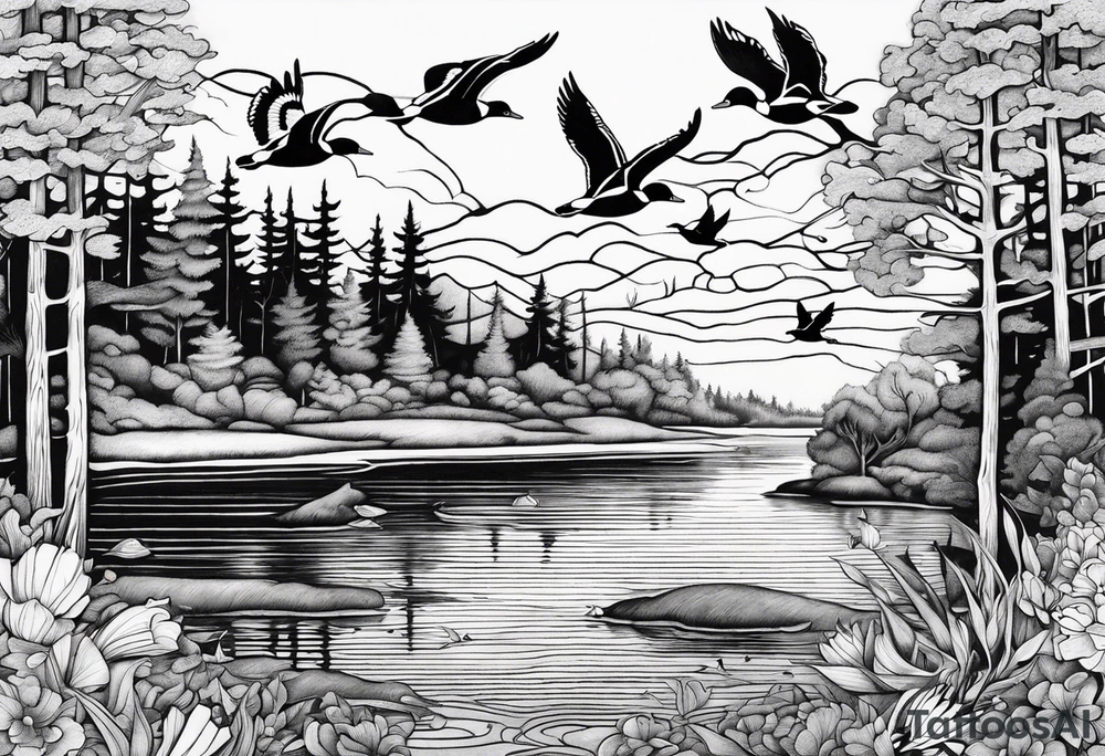 Wooded area with lake, mallards flying, and a model t tattoo idea