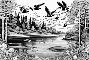 Wooded area with lake, mallards flying, and a model t tattoo idea