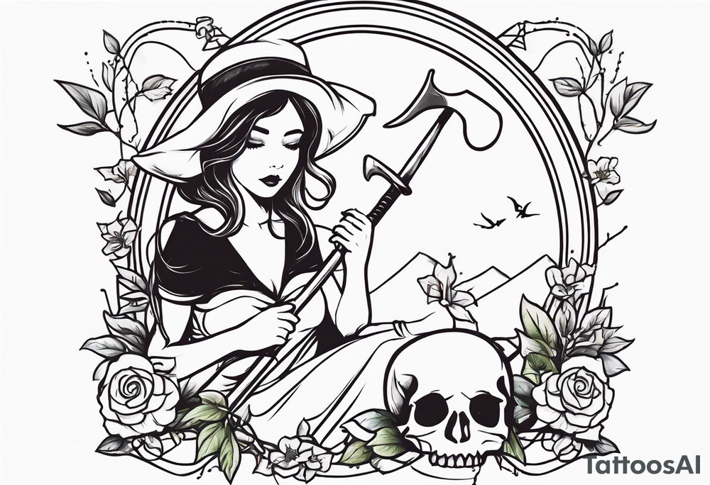 cute feminine deatg with scythe and nightshade tattoo idea