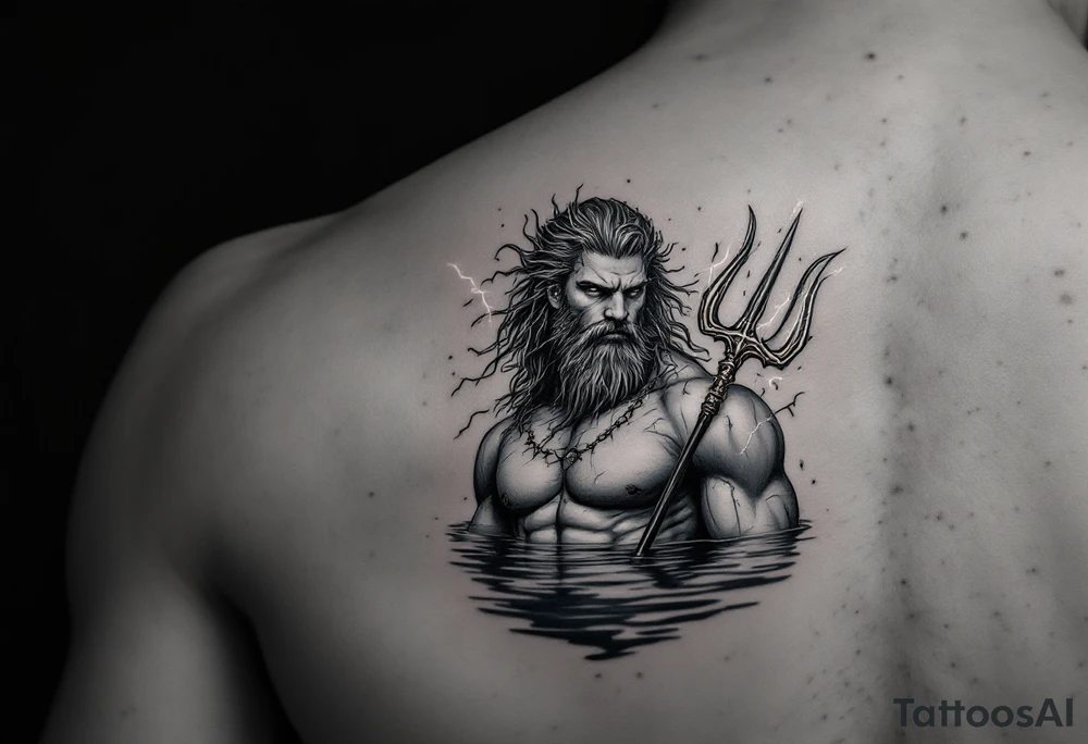 fit poseidon, behind a trident, with lightning, in calm water tattoo idea