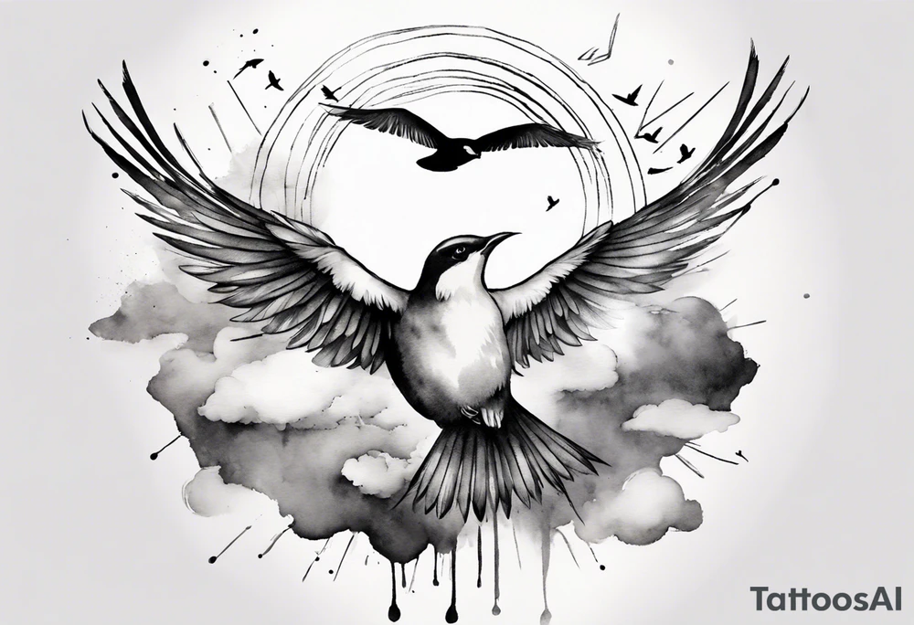 shoulder tattoo with light rays with birds flying free among the clouds, round shape, 3d effect tattoo idea shoulder tattoo with light rays with birds flying free among the clouds, round shape, 3d effect tattoo idea