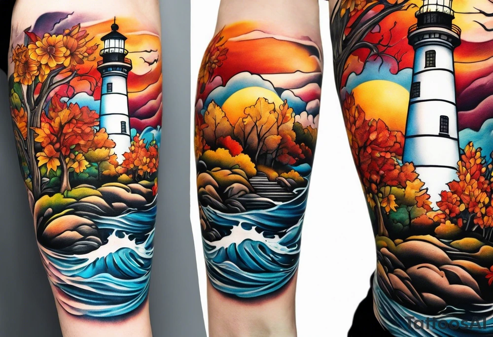 Arm sleeve with fall colors, various flowers, water flow, water splash, light house tattoo idea