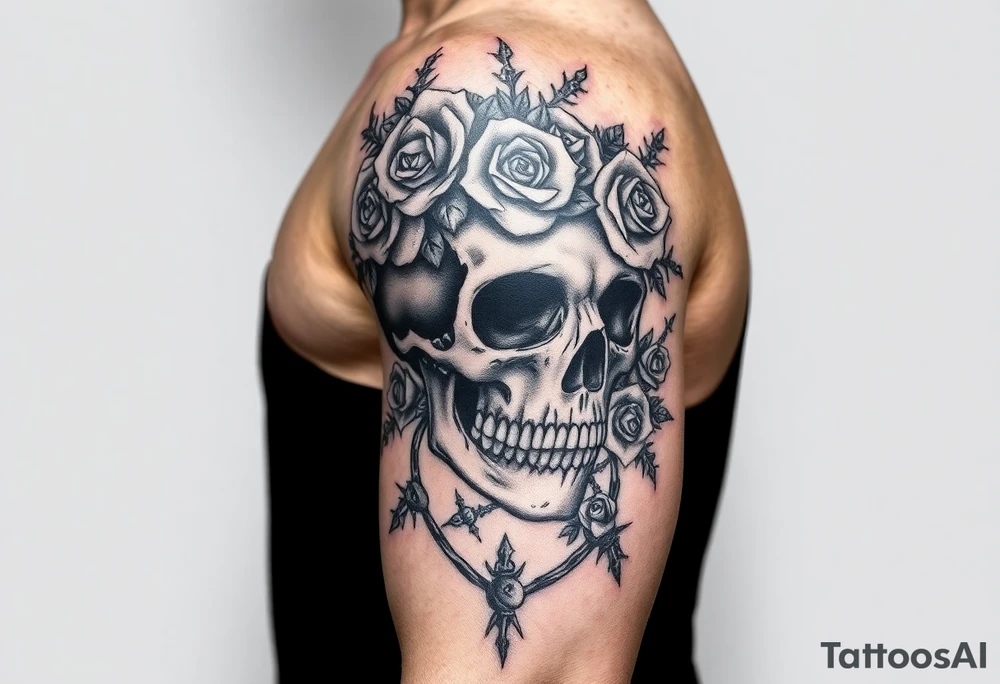 ornate skull adorned with crown of wild roses and thorns tattoo idea
