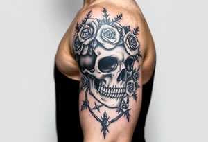 ornate skull adorned with crown of wild roses and thorns tattoo idea