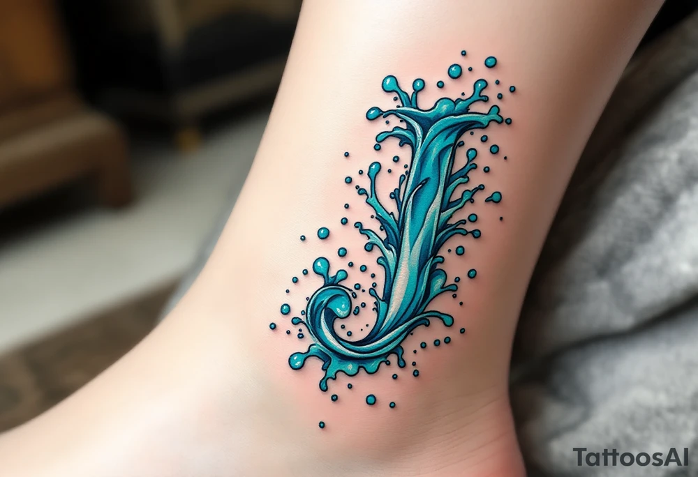 Water-themed "J" in turquoise and aqua with splash effects and ripple shading. tattoo idea