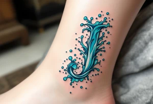 Water-themed "J" in turquoise and aqua with splash effects and ripple shading. tattoo idea