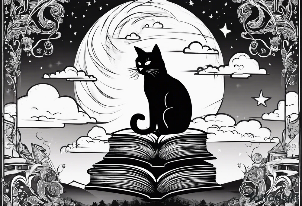 Four books stacked whimsically with the top book open with a black cat and and Tree coming out with a little start in the sky tattoo idea